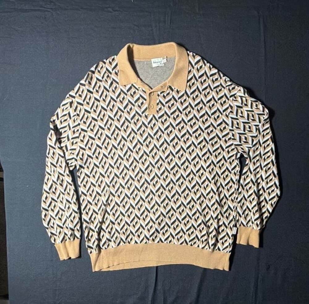 Bound Chevron Pattern Longsleeve Knit Polo Shirt
